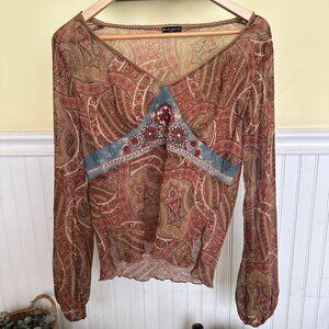 FANG Large Vintage 90s paisley sheer top beaded jewels brown lettuce hem
